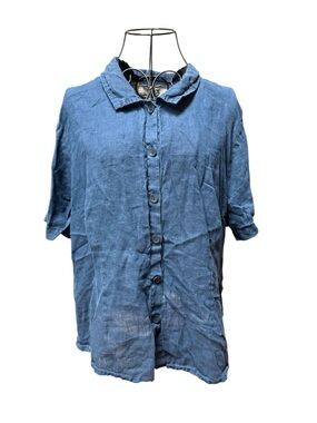 FLAX Indigo Blue Short-Sleeve Button-Down Linen Shirt Large